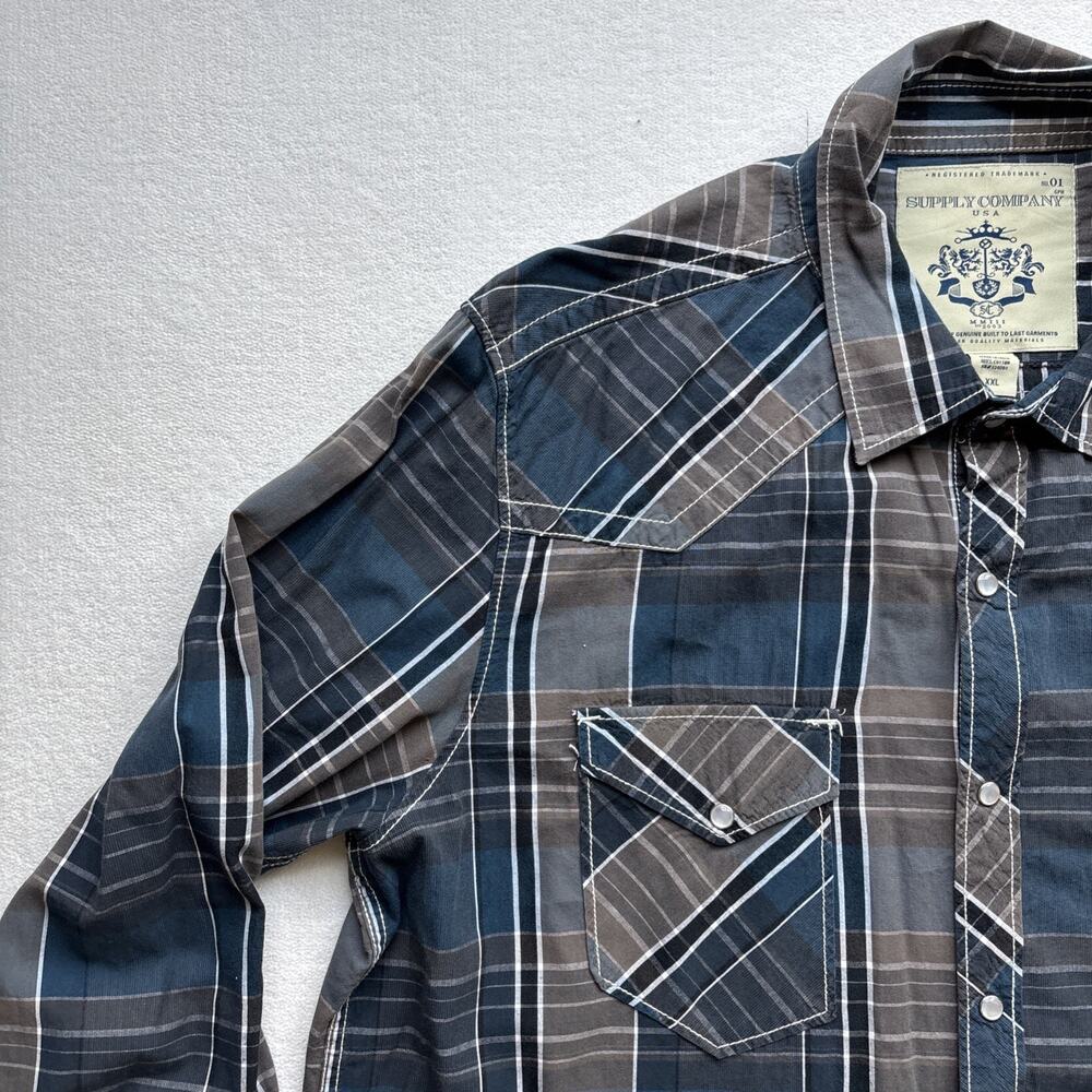 Supply Company USA Men XXL Long Sleeve Western Plaid Pearl Snap Rodeo Stitching - Picture 4 of 14